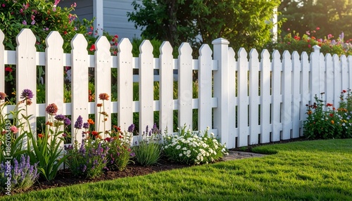 White Picket Fence with Blooming Garden Border
