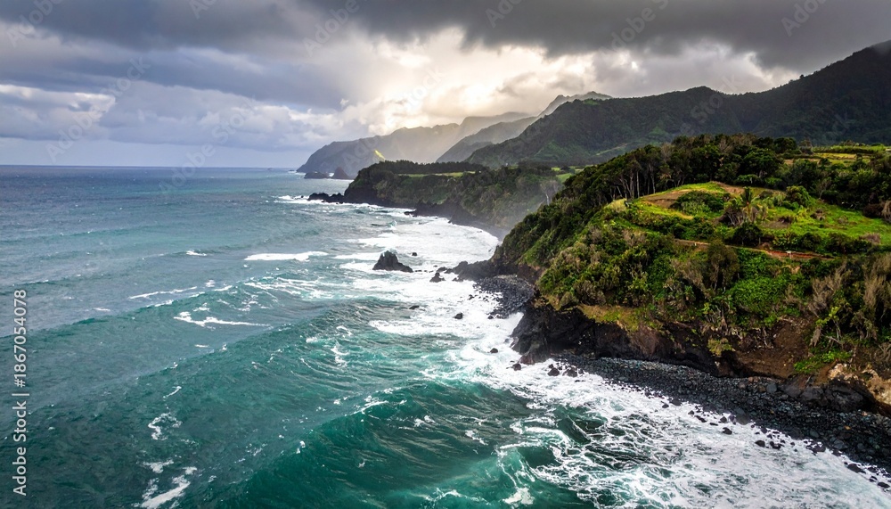Naklejka premium Rugged Coastal Cliffs Under Dramatic Sky