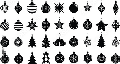 Collection of Christmas ornament silhouettes, black vector holiday baubles and stars, winter decorative elements set isolated on a white background,