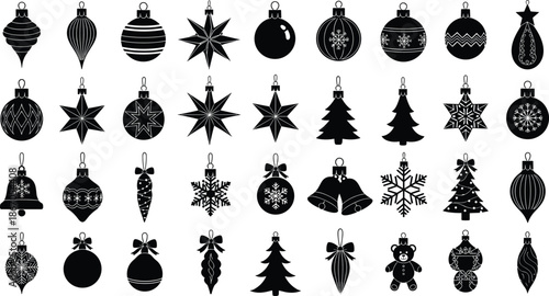 Collection of Christmas ornament silhouettes, black vector holiday baubles and stars, winter decorative elements set isolated on a white background,