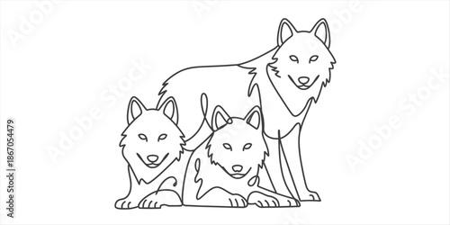 A simple line art illustration depicting a family of three wolves in a pack formation Vector, illustration
