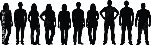 Large group of diverse people silhouettes standing in a row, black vector men and women crowd isolated on white background.