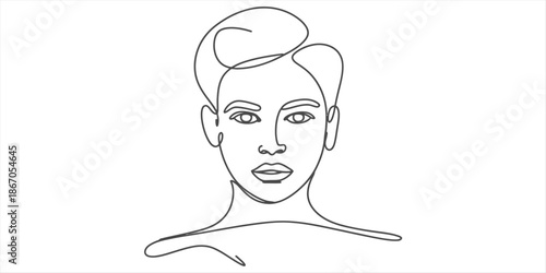 Minimalist one line drawing portrait featuring a woman's face and shoulders Vector, illustration