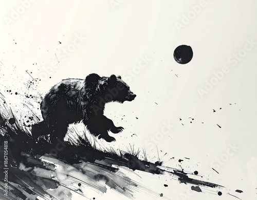 A vibrant ink painting of a bear drawn with a brush　筆で描いた躍動する熊の墨絵