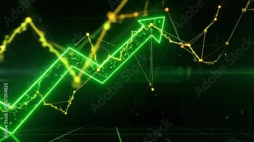 Green Glowing Stock Market Graph Rising Upwards on Black Background.
