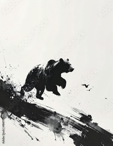 A vibrant ink painting of a bear drawn with a brush　筆で描いた躍動する熊の墨絵