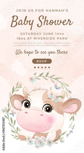 Watercolor baby shower cute animal cow baby girl boy poster template card invitation