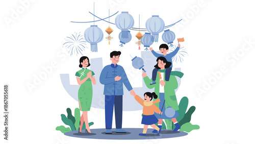 Celebrating Family Reunion, Lantern Festival, Home, Illustration, Joyful Vibes