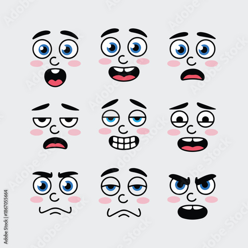Diverse cartoon facial expressions showcasing a range of human emotions