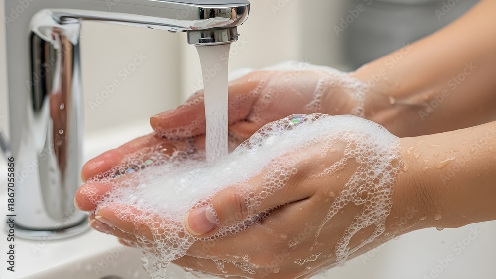 Fototapeta premium Hands Being Washed with Soap Under Running Water Representing Essential Hygiene for Infection Prevention and Public Health