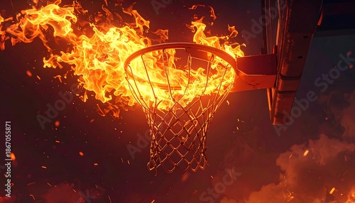 A basketball hoop engulfed in vibrant flames, radiating intense heat and light against a dark, smoky background