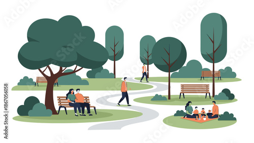 Vector illustration of people relaxing and socializing in a serene park with lush evergreen trees and greenery, representing a peaceful business-free environment in the world, conveying a