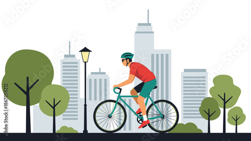 Vector illustration of a cyclist riding a bike through a city park with skyscrapers and trees in the background, conveying an evergreen urban scene with a sense of technology and business