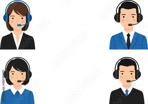 Customer support operators vector illustration set featuring call center agents with headsets male and female characters isolated
