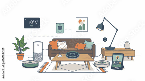 Vector illustration of a modern smart home interior with various connected devices and furniture in a cozy living room setting with an evergreen plant and a warm in the world business