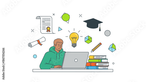 A young man in a green hoodie studies at a desk with a laptop, books, and educational icons floating above, conveying a sense of learning and technology in a modern setting.