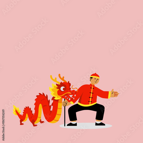 Cultural Festival Event, Dragon Dance Performance, City Square, Illustration