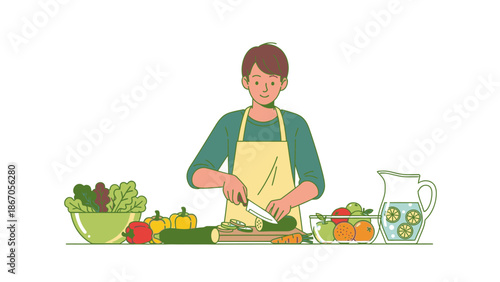 Vector illustration of a woman preparing vegetables in the kitchen with various produce and utensils, conveying a sense of culinary activity in a modern setting.