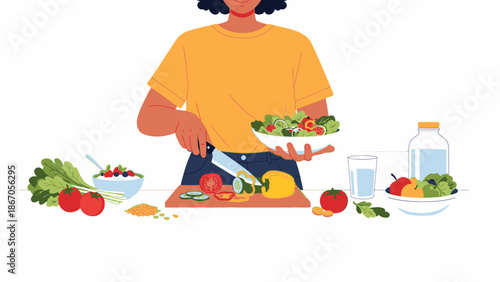 A cartoon woman prepares a healthy salad with fresh vegetables and water in a colorful, flat vector illustration with a lively and natural mood.