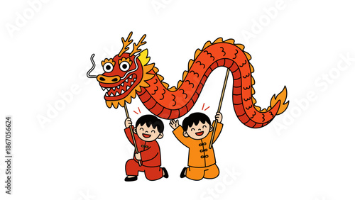 Kids Celebrating Chinese New Year with Dragon Dance Performance