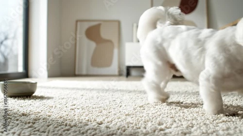 Adorable white Maltese dog lies down on a cozy carpet then stands and walks away in a bright modern home interior