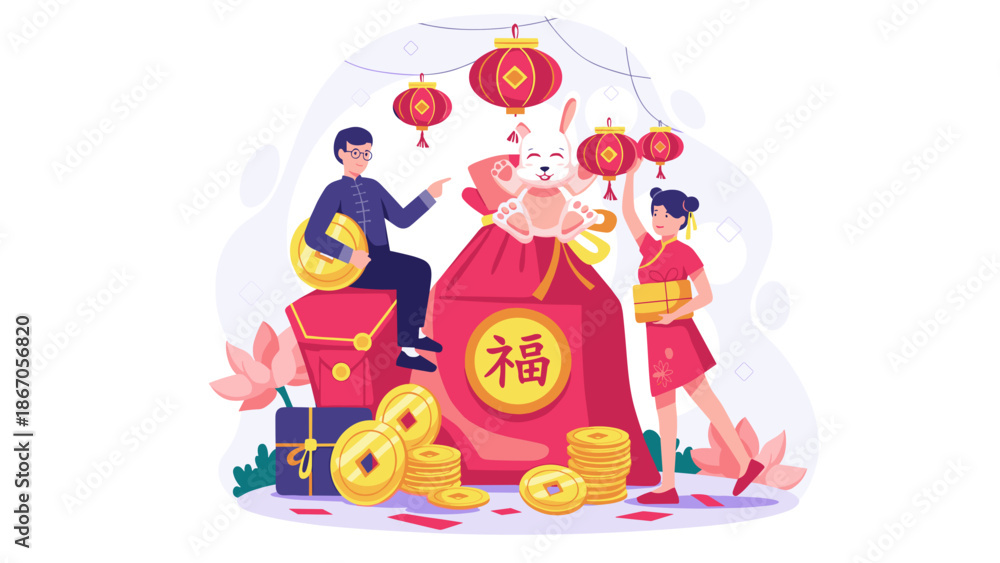 Obraz premium Festive Rabbit and Joyful People Illustration