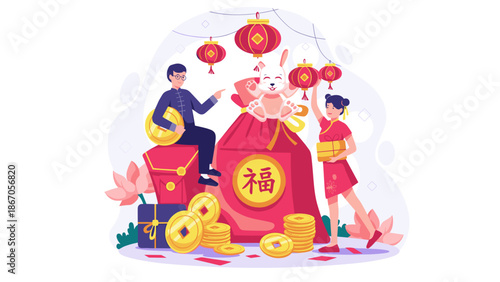 Festive Rabbit and Joyful People Illustration