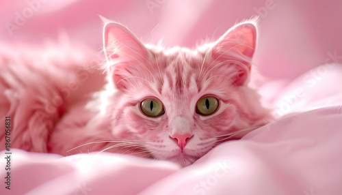 A fluffy feline with green eyes resting on a soft pink blanket, gazing softly at the viewer