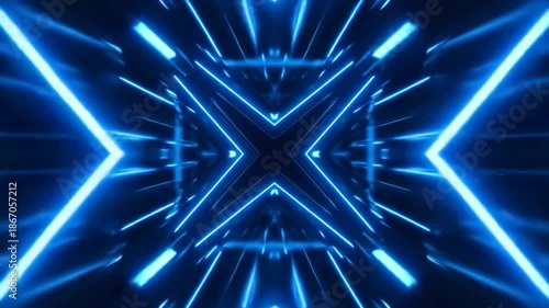 Abstract blue neon light shapes and lines background design.