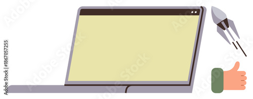 Digital work, innovation, feedback, positive evaluation, technology progress, creativity. Laptop with a rocket launching and a thumbs-up hand. Digital work and innovation concept
