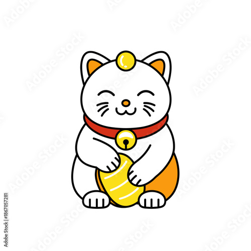 Playful Maneki Neko Cat Illustration with Gold Coin in White Background