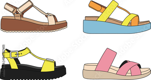 Fashionable Women's Platform Sandals Illustration Set in Various ColorsFashionable Women's Platform Sandals Illustration Set in Various Colors