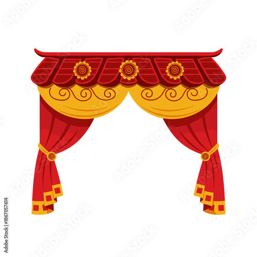 Festive Red Curtain Design, Traditional Style, Cultural Display, Illustration