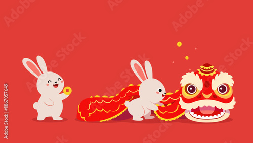 Lunar New Year Rabbits with Traditional Chinese Lion Dance Performance