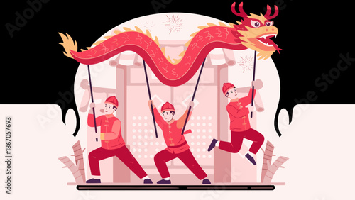 Traditional Chinese Dragon Dance Performance for Lunar New Year Festival