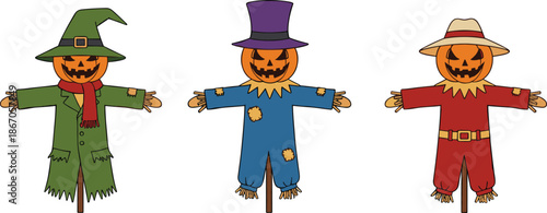 Halloween Scarecrow Illustration Set with Jack-o'-Lantern HeadsHalloween Scarecrow Illustration Set with Jack-o'-Lantern Heads