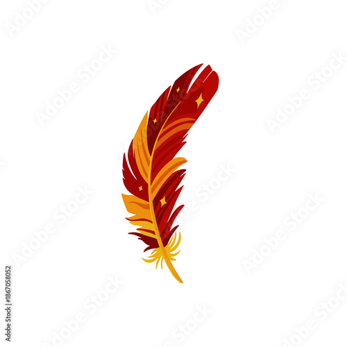 Magical Red Phoenix Feather Vector Illustration with Sparkle Details
