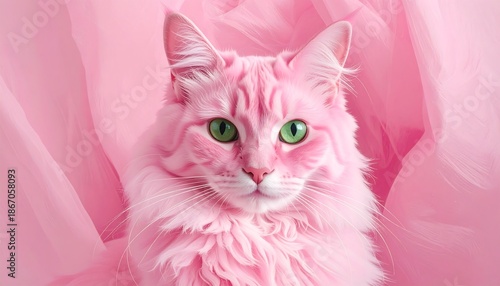 A fluffy, pink cat with green eyes is centered against soft, draped pink fabric, creating a dreamlike, whimsical scene