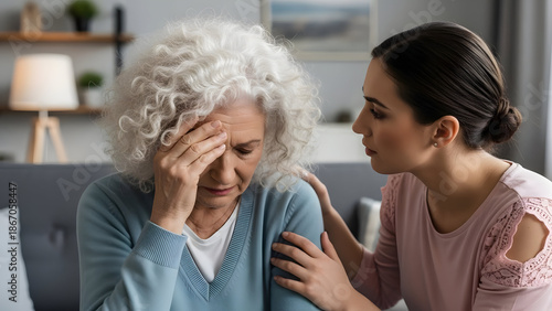Caring daughter comforts her distressed elderly mother at home.