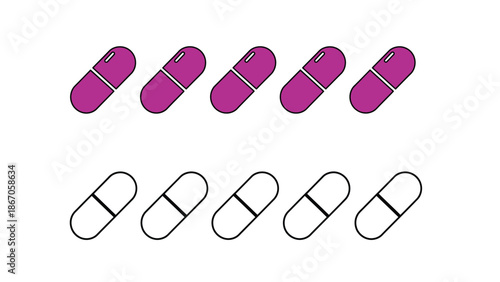 Colorful pills and capsules in rainbow hues and black outlines