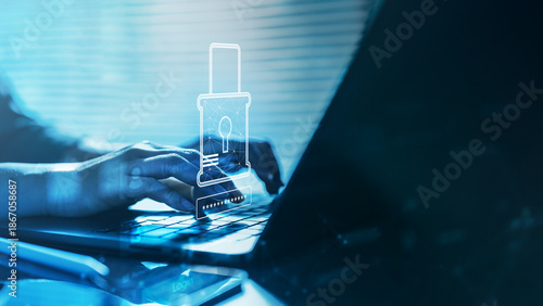 Secure login and password encryption concept with digital lock interface on laptop keyboard, showing data privacy, access control, and cybersecurity protection in modern technology systems.