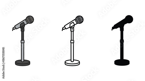 Three different microphone designs on stands for public speaking