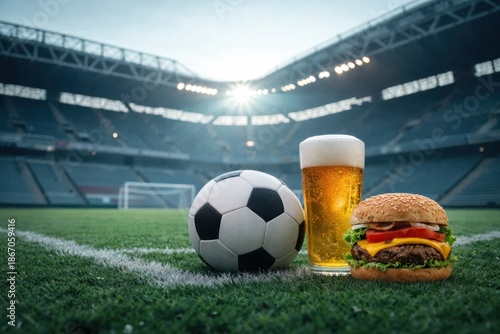 Soccer ball, cold beer and classic American burger placed on a football pitch inside a modern stadium. FIFA World Cup 