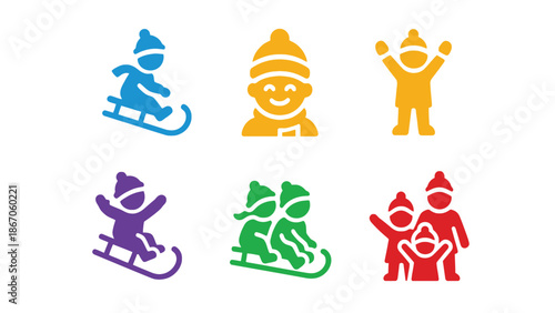 Vibrant winter icons of people sledding and having fun