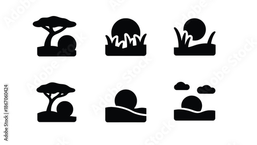 Minimalist landscape icons with trees and sunset silhouettes