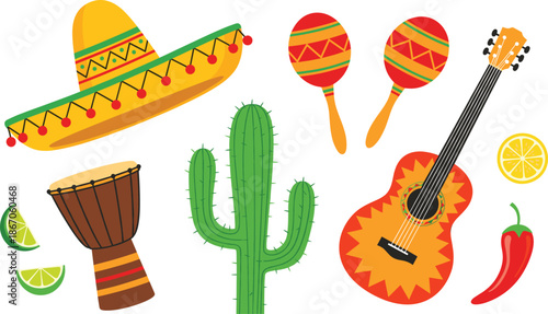Mexican culture vector illustration set featuring sombrero guitar maracas cactus chili lime and traditional music elements