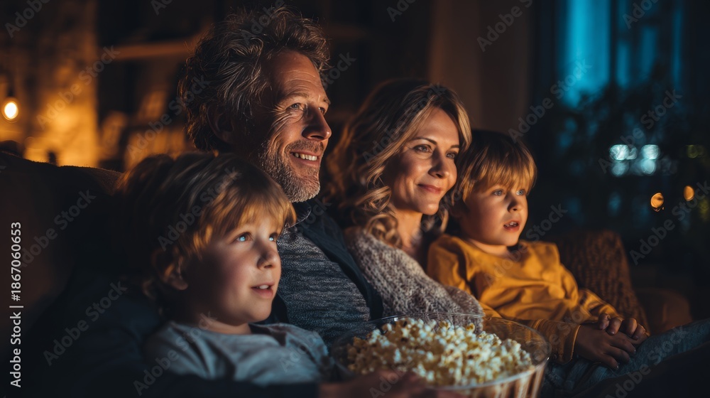 Fototapeta premium Family Movie Night Living Room Digital Content Cozy Environment Intimate Viewpoint Bonding Experience