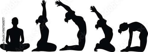 Sequence of Yoga and Meditation Silhouettes, Black Silhouettes of Women in Various Yoga Poses, Finding Balance: A Visual Guide to Mindful Movement, vector, illustration, silhouette