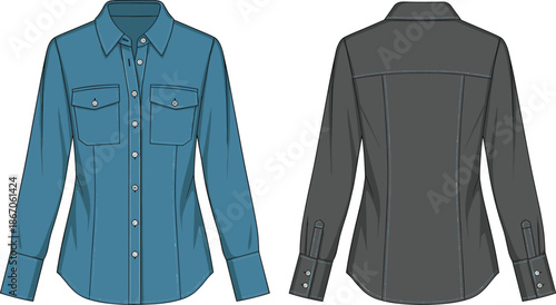Front and back view of long-sleeved button-up shirt, blue and gray garment design, fashion illustration, tailoring details, transparent background, clothing construction concept