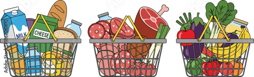 Grocery baskets vector illustration set showing dairy bakery meat and fresh vegetables food shopping isolated on white background